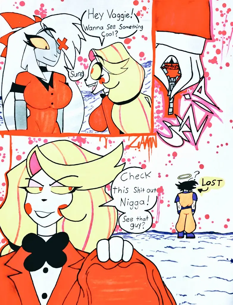 Image big_breasts,breasts,female,ass,huge_ass,tagme,demon,dragon_ball,dragon_ball_z,demon_girl,comic,public,dialogue,english_text,teasing,fully_clothed,undressing,hazbin_hotel,backboob,crossover,traditional_media_(artwork),public_nudity,son_goku,funny,eastern_and_western_character,slur,the_n_word,nutboiart8008,charlie_morningstar,racism,vaggie