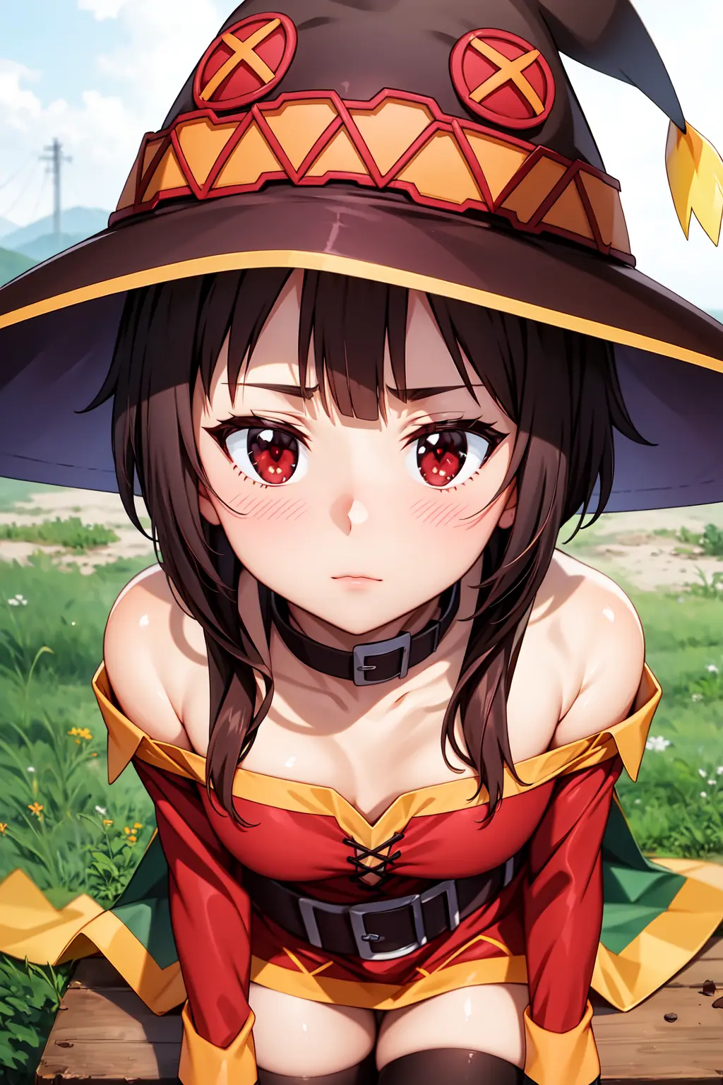 Image blush,breasts,female,red_eyes,red_hair,hat,small_breasts,ai_generated,sitting,dress,outdoors,collar,cape,upper_body,belt,kono_subarashii_sekai_ni_shukufuku_wo!,portrait,megumin,kiraaiart