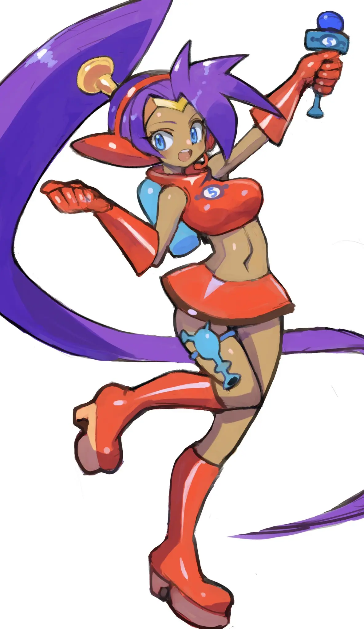 Image 1girls,breasts,female,looking_at_viewer,blue_eyes,gloves,navel,headphones,ponytail,dark_skin,midriff,medium_breasts,purple_hair,cute,miniskirt,skirt,footwear,legwear,thigh_strap,weapon,boots,microphone,handwear,shantae,shantae_(character),cosplay,crop_top,tiara,handgun,firearm,holding_microphone,orange_skirt,space_channel_5,ulala,dakusuta,orange_crop_top,ulala_(cosplay)
