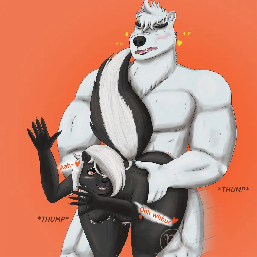 Image blush,breasts,female,hi_res,nipples,open_mouth,simple_background,smile,white_hair,male,nude,short_hair,tail,tongue,ass,big_butt,colored,thick_thighs,duo,orange_eyes,muscular,muscular_male,wide_hips,pink_nipples,digital_drawing_(artwork),digital_media_(artwork),eyebrows,open_smile,teeth,wavy_hair,hair,male/female,size_difference,anthro,text,lips,vaginal_penetration,absurd_res,closed_eyes,thrusting,medium_hair,penetration,fur,mammal,multicolored_body,multicolored_fur,dialogue,claws,muscular_anthro,pecs,black_body,thick_eyebrows,fangs,motion_lines,english_text,interspecies,5_fingers,bouncing_breasts,2024,white_body,abs,bear,anthro_only,artist_logo,fingers,logo,fluffy,fluffy_tail,markings,tuft,white_fur,heart_symbol,black_lips,moan,larger_male,pink_tongue,black_fur,stripes,smaller_female,hair_over_eye,one_eye_obstructed,facial_markings,head_markings,muscular_thighs,growling,multicolored_tail,inner_ear_fluff,striped_body,striped_fur,black_eyebrows,finger_claws,neck_tuft,blue_claws,mephitid,skunk,big_tail,holding_partner,leaning,polar_bear,ursine,thick_bottom_lip,orange_background,grey_lips,yellow_claws,leaning_on_wall,skywater,black_breasts,name_in_dialogue,ashe_grewirt,eternal_forwardness,holding_up,thumping,wilbur_bearrison