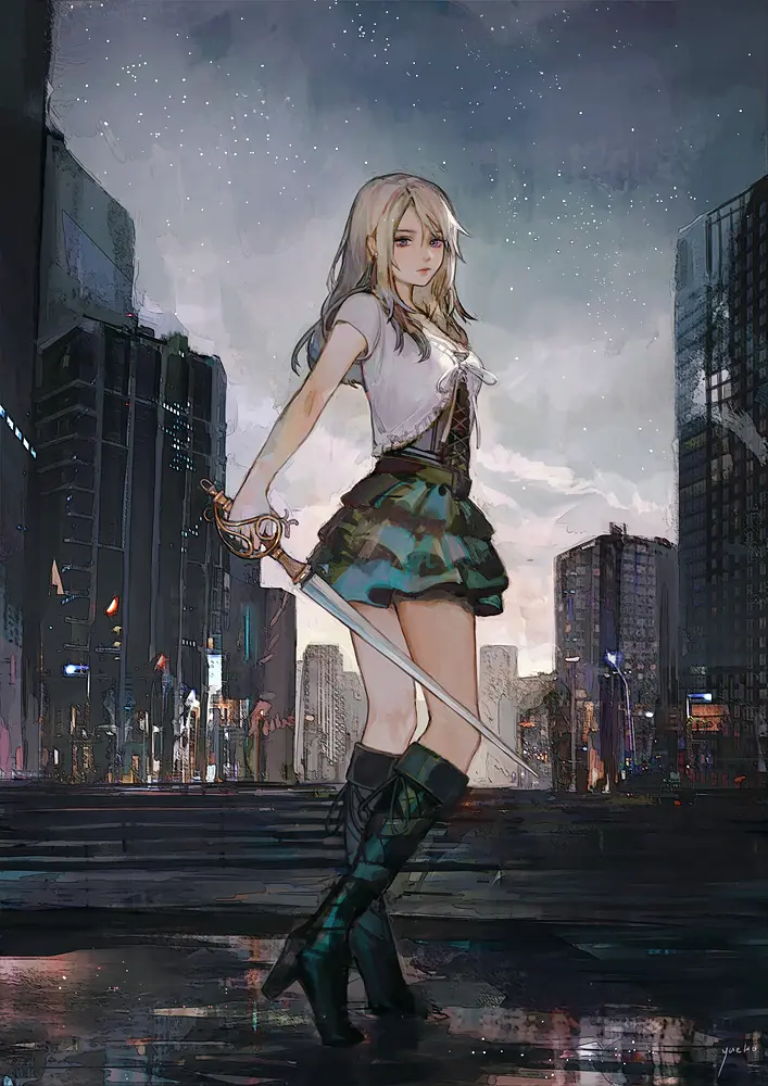 Image 1girls,breasts,female,female_only,human,human_only,solo,bangs,earrings,fair_skin,solo_focus,blonde_hair,medium_breasts,purple_eyes,medium_hair,expressionless,outdoors,night,skirt,heels,closed_mouth,final_fantasy,belt,stars,full_body,corset,weapon,boots,pink_lips,city_background,cityscape,front-tie_top,final_fantasy_xv,rapier,stella_nox_fleuret,yueko