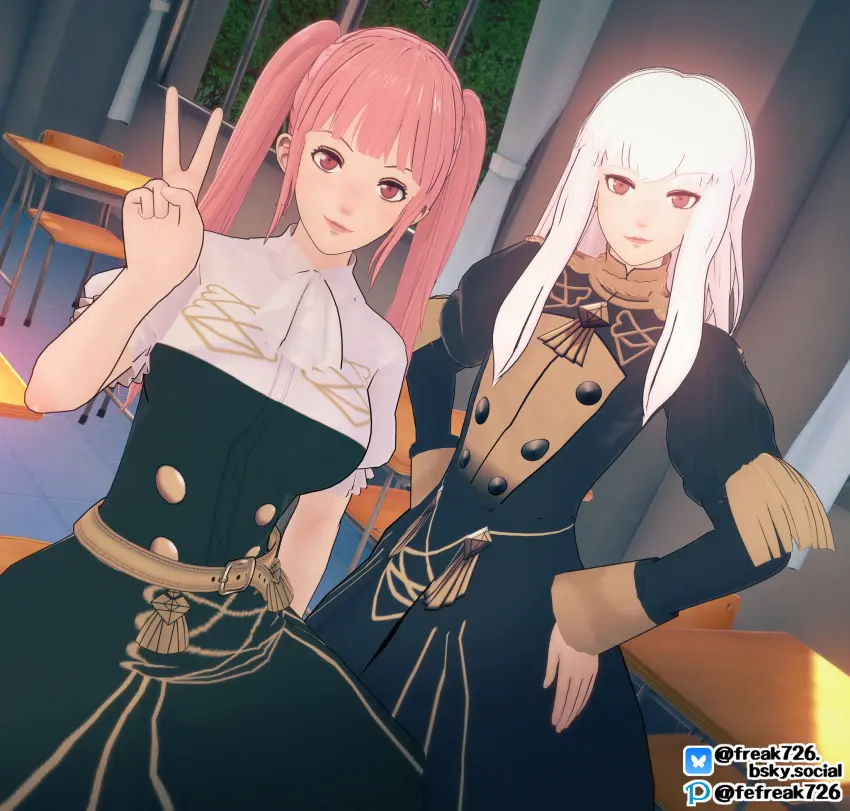 Image breasts,female,female_only,long_hair,long_sleeves,looking_at_viewer,smile,white_hair,2girls,bangs,multiple_girls,small_breasts,pink_hair,medium_breasts,pink_eyes,schoolgirl,sitting,school_uniform,indoors,nintendo,3d,twintails,skirt,fire_emblem,fire_emblem:_three_houses,hilda_valentine_goneril,school,v,garreg_mach_monastery_uniform,lysithea_von_ordelia,hands_on_own_hips,fefreak726