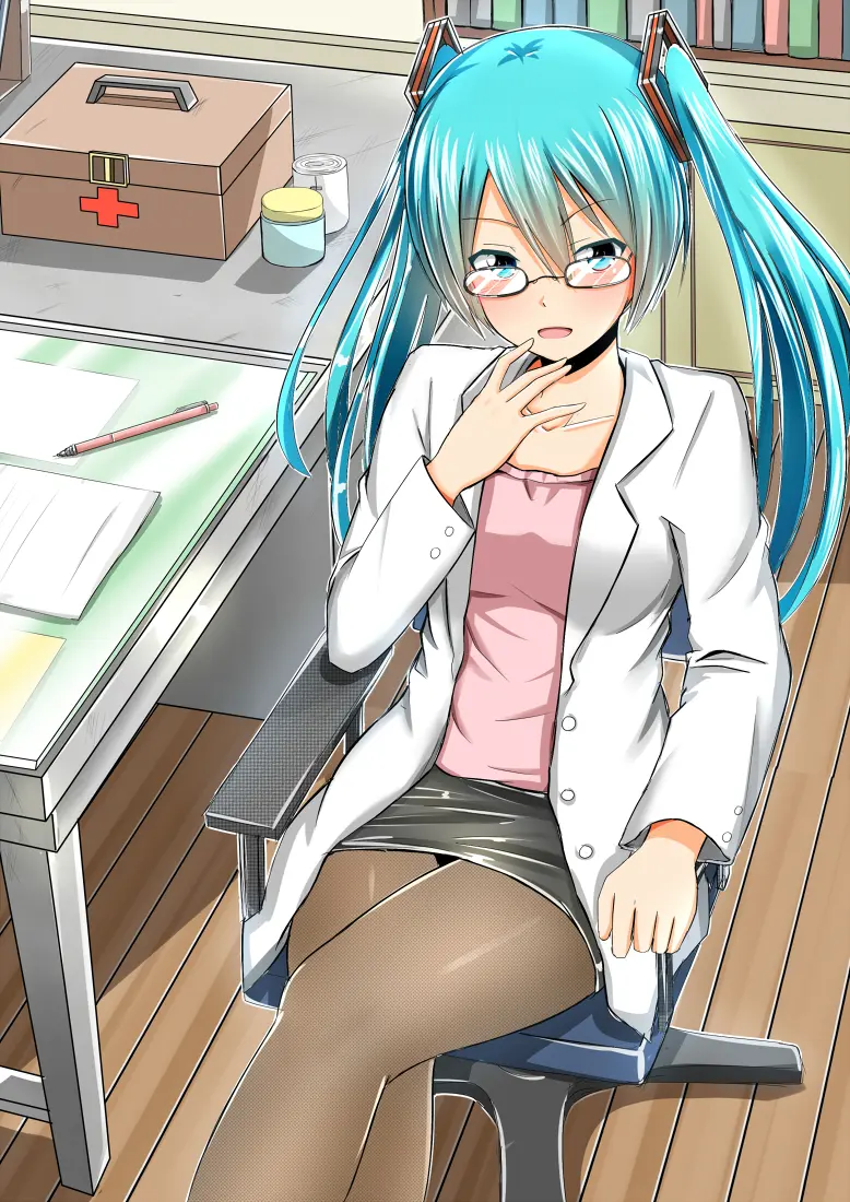 Image 1girls,breasts,female,looking_at_viewer,shirt,blue_eyes,blue_hair,small_breasts,glasses,twintails,skirt,hatsune_miku,vocaloid,labcoat,pantyhose,sitting_on_chair,pink_shirt,black_skirt,voiceroid,bookshelf,wooden_floor,desk,books,pen,office_chair,pencil_skirt,doctor,papers,baretto_(karasi07),first_aid_kit