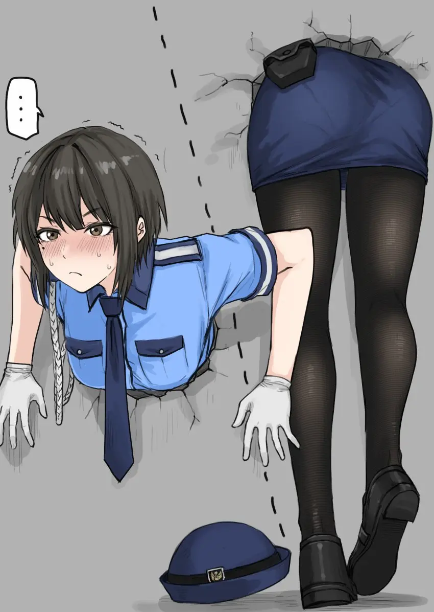 Image 1girls,blush,breasts,brown_eyes,clothed,female,light-skinned_female,light_skin,solo,black_hair,gloves,short_hair,ass,hat,from_behind,medium_breasts,original,original_character,sweatdrop,bent_over,skirt,white_gloves,pantyhose,shoes,police,policewoman,stuck_in_wall,stuck,glory_wall,loafers,black_loafers,fuku_(fuku12290574),glooves
