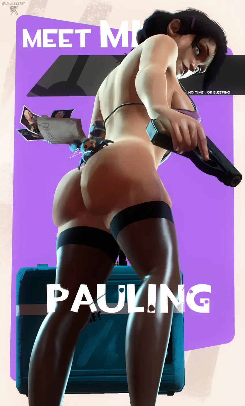 Image 1girls,female,female_only,human,human_only,solo,bra,ass,bare_shoulders,solo_female,pinup,3d,from_below,sfm,pantyhose,bare_legs,source_filmmaker,gun,pistol,bare_ass,human_female,crazy_eyes,tired_eyes,team_fortress_2,miss_pauling,secret_agent,armed,document,dash23,from_below_view,documents