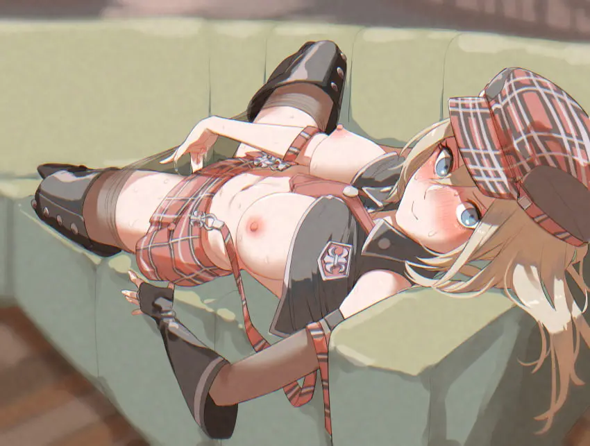 Image blush,breasts,female,highres,long_hair,nipples,solo,lying,on_back,blonde_hair,spread_legs,pussy_juice,hair_between_eyes,masturbation,skirt,necktie,boots,pantyhose,black_pantyhose,clothes_pull,plaid,plaid_skirt,coach,pantyhose_pull,god_eater,alisa_ilinichina_amiella,paniitaa,plaid_headwear