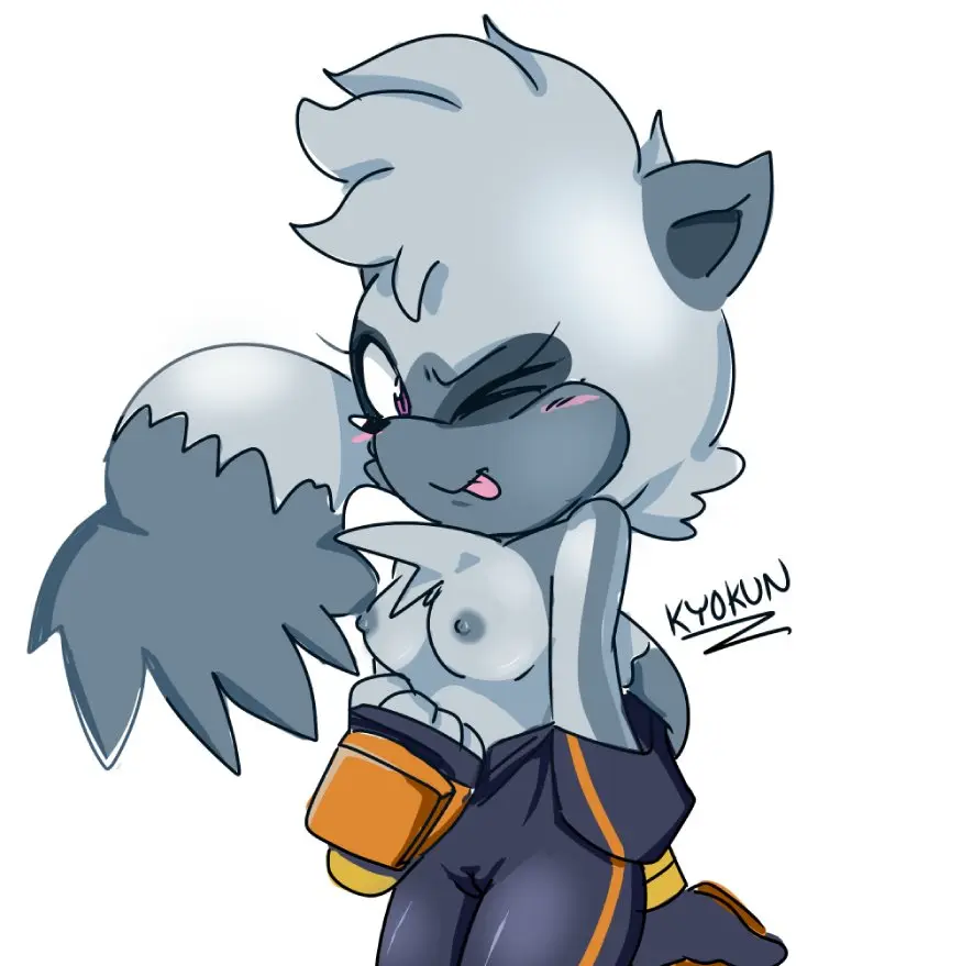 Image 1girls,blush,breasts,breasts_out,female,female_only,nipples,solo,tongue_out,furry,tongue,artist_name,anthro,wink,purple_eyes,grey_fur,sonic_(series),body_fur,toony,blushing,no_visible_genitalia,sonic_the_hedgehog_(idw),clothes_pull,winking,tangle_the_lemur,kyokun,signed