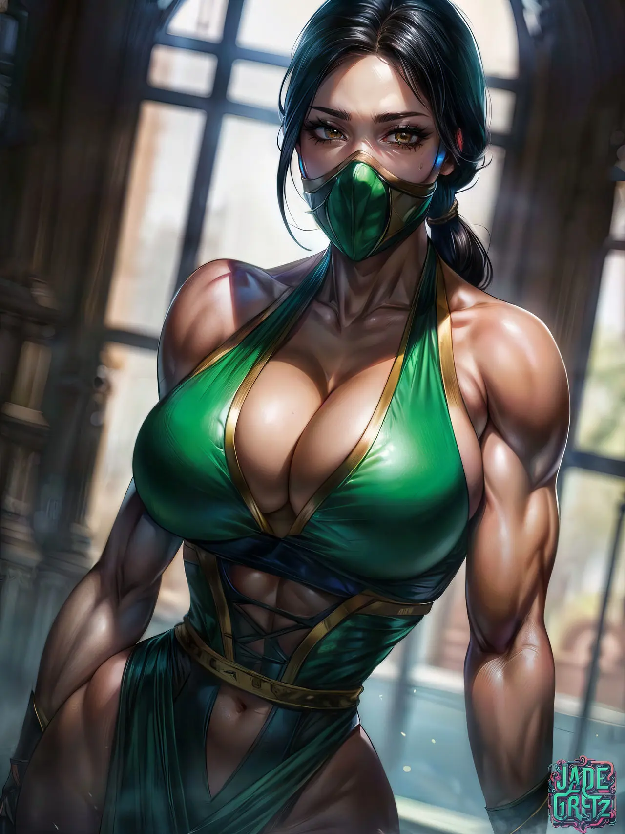 Image 1girls,big_breasts,breasts,female,long_hair,black_hair,thick_thighs,ponytail,athletic,muscular,wide_hips,ai_generated,cleavage,curvaceous,abs,athletic_female,muscular_female,muscular_arms,mortal_kombat,netherrealm_studios,jade_(mortal_kombat),mortal_kombat_(2011),face_mask,jadegretz