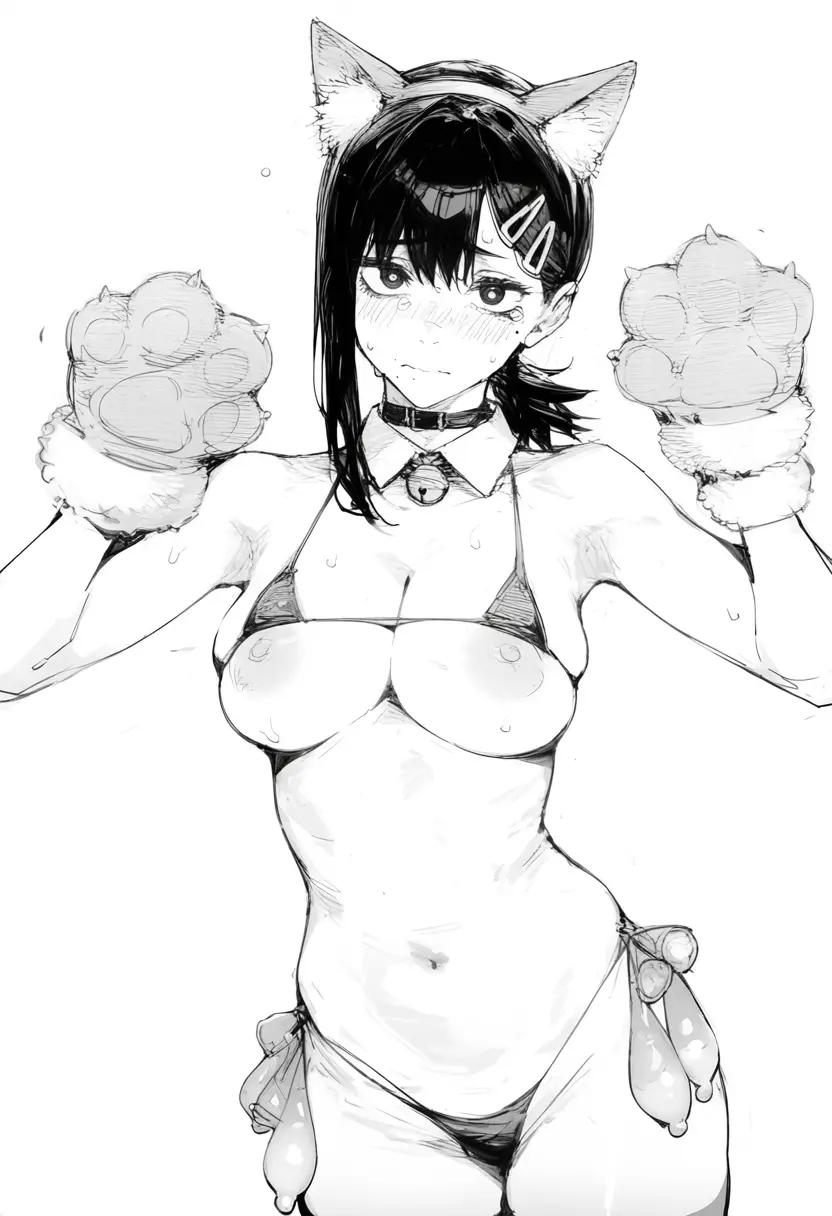 Image 1girls,blush,breasts,breasts_out,female,nipples,black_hair,panties,cat_ears,catgirl,shy,ai_generated,black_hair_female,condom,black_and_white,monochrome,collar,paws,micro_bikini,sweating,chainsaw_man,higashiyama_kobeni,blushing,bell,multiple_condoms,sweating_profusely,bikini_top_lift,paw_gloves,bellybutton