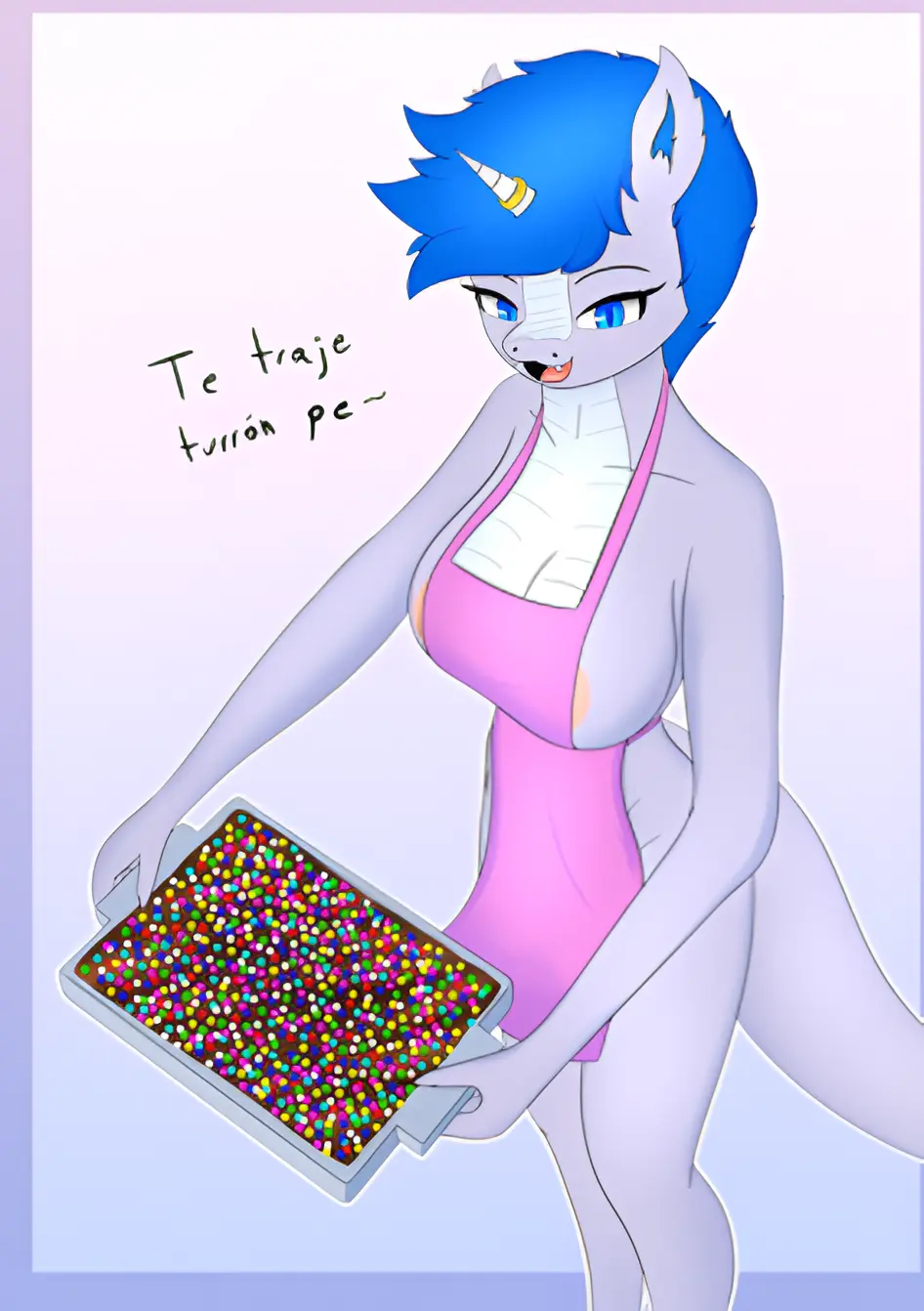 Image 1girls,big_breasts,breasts,female,female_only,hi_res,furry,anthro,text,fur,apron,furry_only,spanish_text,meme,apron_only,peru