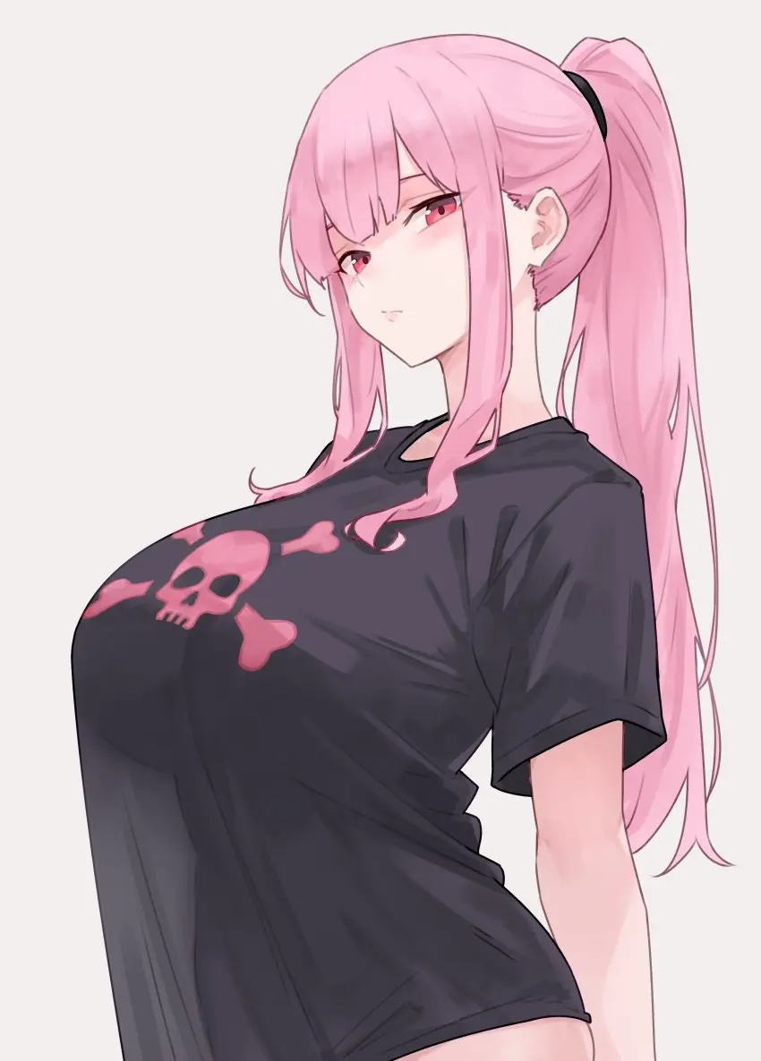 Image 1girls,breasts,female,light-skinned_female,light_skin,long_hair,ponytail,virtual_youtuber,huge_breasts,pink_hair,pink_eyes,hololive,t-shirt,hololive_english,hololive_myth,mori_calliope,bluefield,shirt_overhang