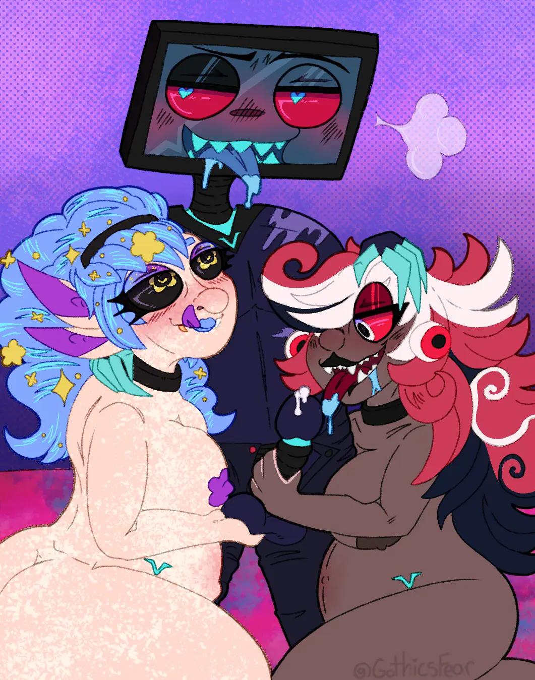 Image breasts,female,cum,male,threesome,ass,big_ass,pregnancy,pregnant,pregnant_female,drool,drooling,gigantic_breasts,what,original_character,dark-skinned_female,precum,partially_clothed,oc,precum_drip,hazbin_hotel,ball_fondling,branded,vox_(hazbin_hotel),male/female/female,velvette,vitiligo,impending_blowjob