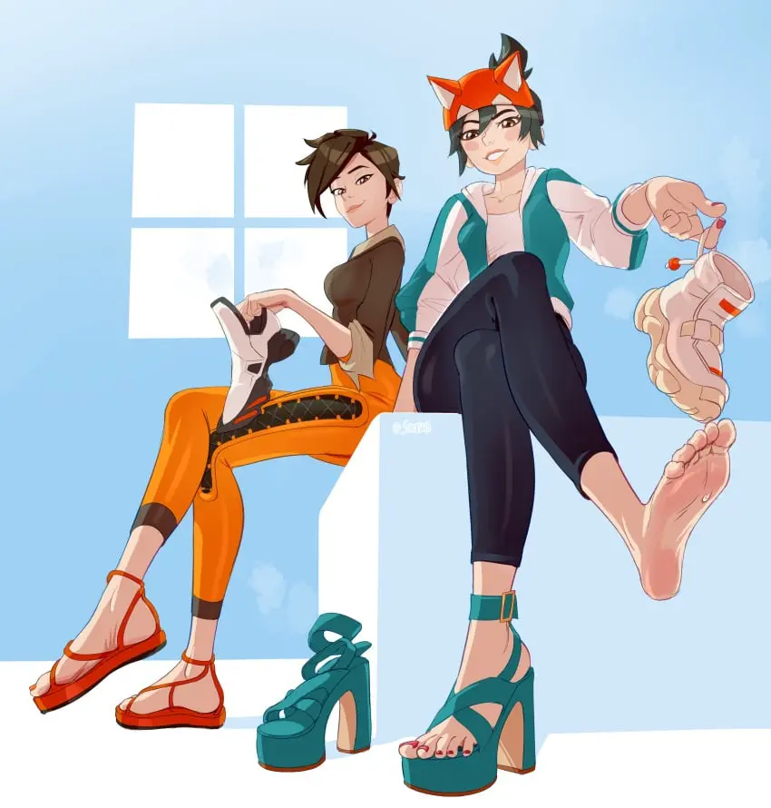 Image brown_eyes,female,female_only,pants,shirt,smile,short_hair,barefoot,ponytail,feet,headgear,foot_fetish,brown_hair,dark_hair,sweatdrop,green_hair,high_heels,open_toe_shoes,platform_heels,jacket,steam,bodysuit,smirk,painted_nails,nails,sandals,foot_focus,kiriko_(overwatch),overwatch,overwatch_2,tracer,toenails,big_feet,red_nails,crossed_legs,cropped_jacket,sneakers,spiky_hair,platform_footwear,painted_toenails,staerk,sukajan_kiriko