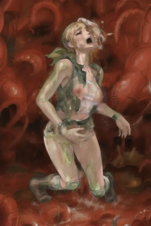 Image 1girls,female,open_mouth,ai_generated,2d,blonde_hair,wet,closed_eyes,bad_end,military_uniform,boots,assisted_undressing,snk,military,digestion,short_shorts,game_over,metal_slug,assisted_exposure,acid,melting_clothes,covered_in_goo,eri_kasamoto,snail,covered_in_slime,dissolving_clothes,traumatized