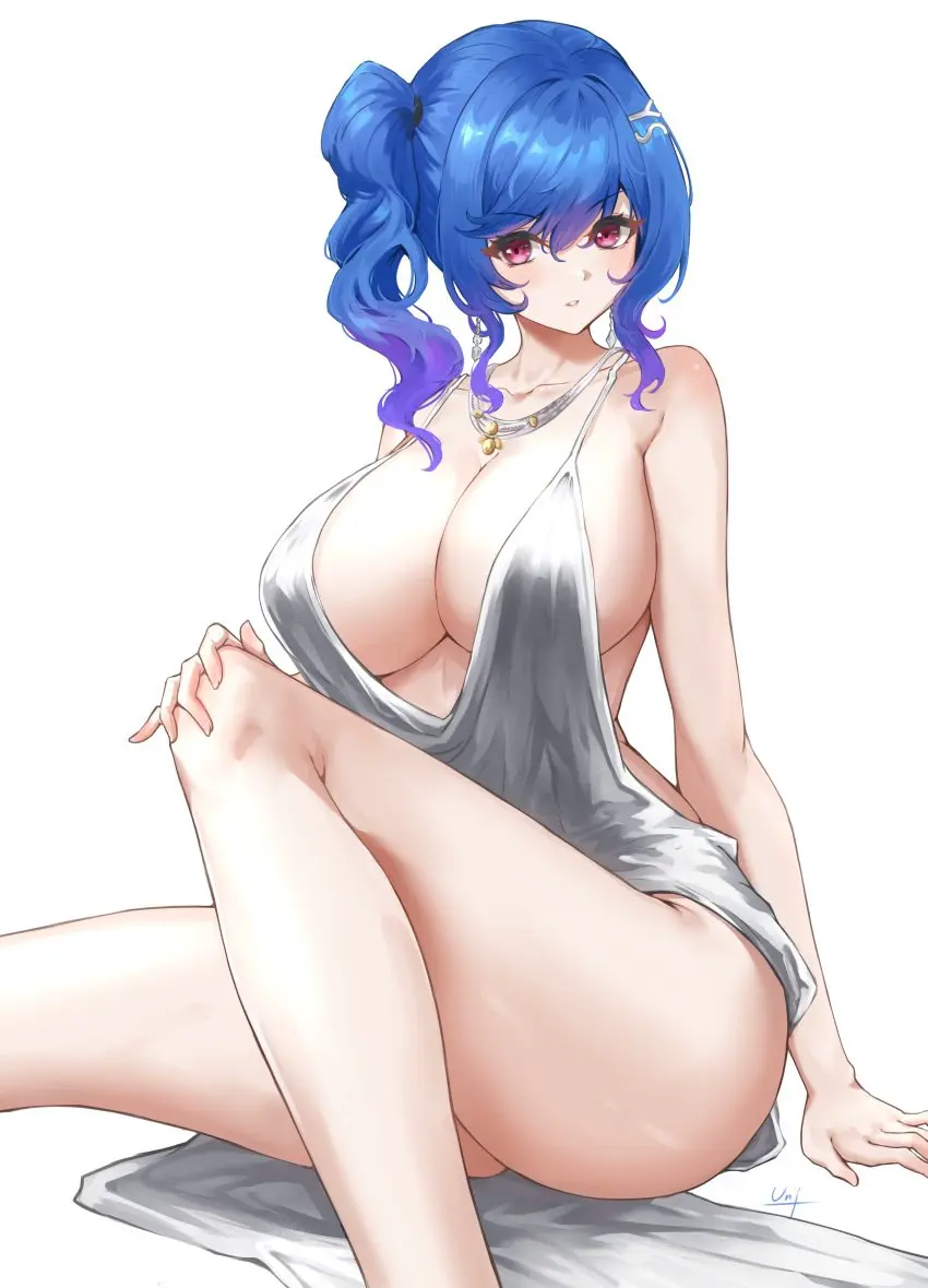 Image 1girls,blush,breasts,female,female_only,hair_ornament,highres,light-skinned_female,light_skin,long_hair,looking_at_viewer,solo,absurdres,blue_hair,sidelocks,thighs,bare_shoulders,cleavage,collarbone,jewelry,huge_breasts,hairclip,dress,purple_eyes,necklace,furrowed_brow,official_alternate_costume,side_ponytail,signature,azur_lane,eagle_union_(azur_lane),plunging_neckline,silver_dress,st._louis_(azur_lane),st._louis_(luxurious_wheels)_(azur_lane),unique_(pixiv12704744)