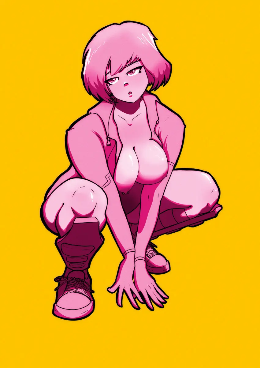 Image 1girls,big_breasts,breasts,female,looking_at_viewer,simple_background,kneeling,solo_female,solo_focus,flashing_breasts,marvel,marvel_comics,gwen_poole,gwenpool