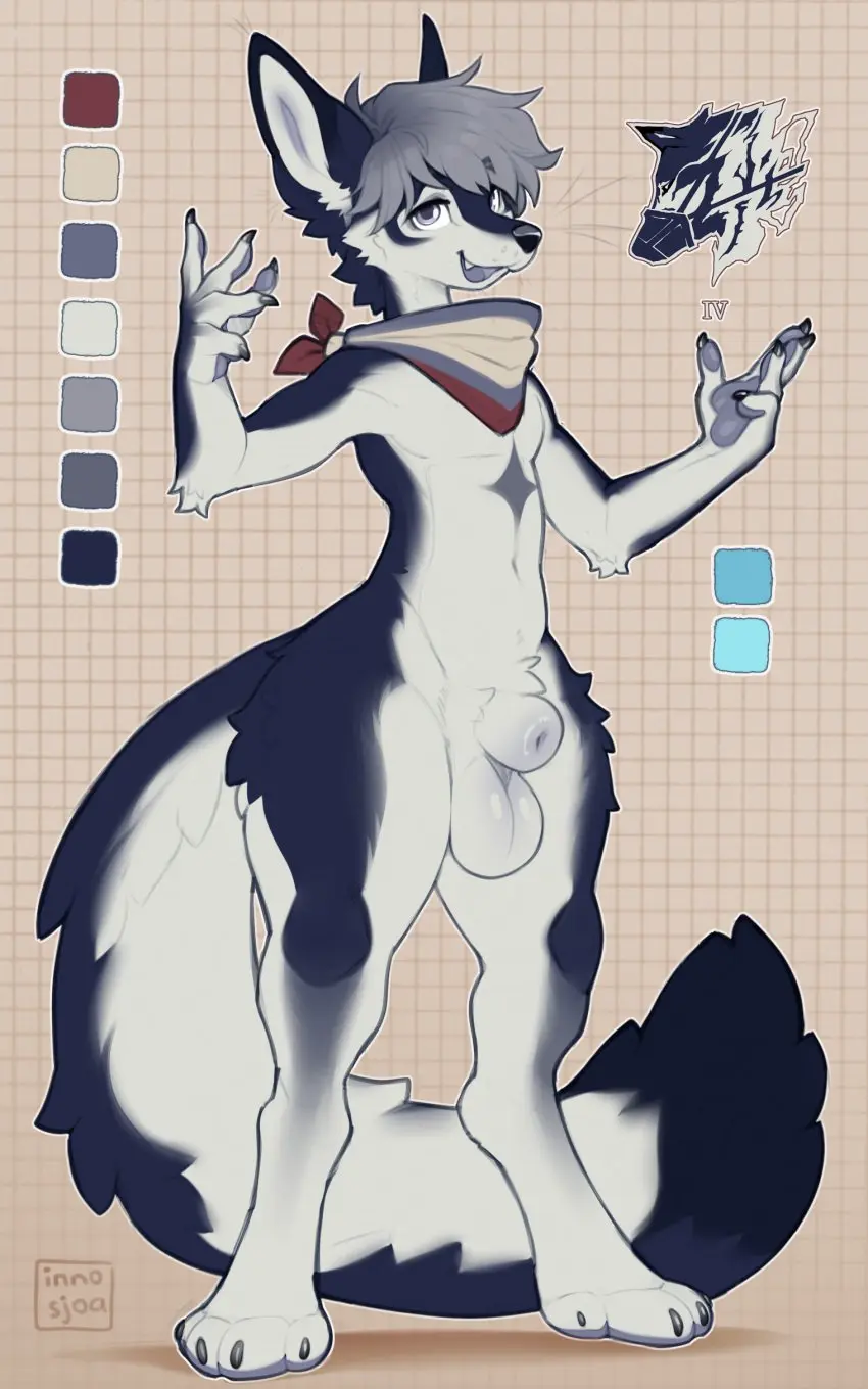 Image grey_hair,hi_res,open_mouth,smile,solo,standing,male,tail,thick_thighs,wide_hips,male_only,teeth,balls,hair,anthro,absurd_res,grey_eyes,canid,canine,canis,fur,genitals,grey_body,grey_fur,mammal,multicolored_body,multicolored_fur,wolf,fangs,black_nose,anthro_only,logo,animal_genitalia,markings,sheath,mostly_nude,pawpads,model_sheet,whiskers,fur_markings,neckerchief,big_tail,kerchief,fromsoftware,bandana,inno-sjoa,kerchief_only,neckerchief_only,armored_core_(series),armored_core_vi:_fires_of_rubicon,fenrir_(shintaro_azure),rusty_(armored_core)