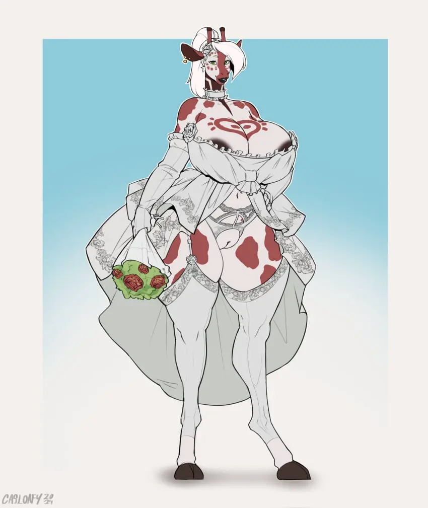 Image breasts,clothed,clothing,female,hi_res,solo,standing,white_hair,pussy,areola,cleavage,hair,anthro,piercing,dress,genitals,mammal,ear_piercing,legwear,thigh_highs,biped,anthro_only,wedding_dress,giraffe,giraffid,casloafy