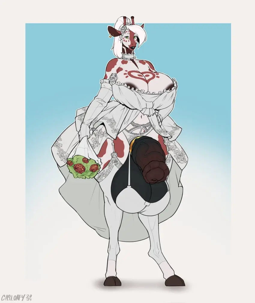 Image breasts,clothed,clothing,hi_res,solo,standing,white_hair,penis,futanari,intersex,areola,cleavage,balls,hair,anthro,piercing,dress,futa_only,genitals,mammal,ear_piercing,legwear,thigh_highs,biped,anthro_only,animal_genitalia,animal_penis,horsecock,equine_genitalia,equine_penis,wedding_dress,giraffe,giraffid,ball_bra,casloafy