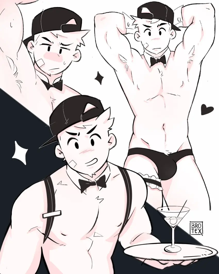 Image solo,male,underwear,hat,armpits,male_only,solo_focus,original_character,pubic_hair,bulge,underwear_only,biceps,male_focus,solo_male,cap,bandage,bulge_through_clothing,bowtie,bandage_on_face,armpit_hair,strong,bowtie_collar,cocktail,butler,cocktail_glass,butler_uniform,brotex,brotex_(character)