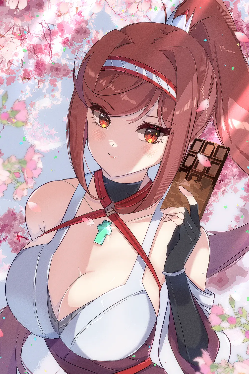 Image 1girls,big_breasts,breasts,female,red_hair,ponytail,cleavage,nintendo,core_crystal,xenoblade_(series),xenoblade_chronicles_3,amber_eyes,chocolate,glimmer_(xenoblade),xenoblade_chronicles_3:_future_redeemed,han_(artist),holding_chocolate