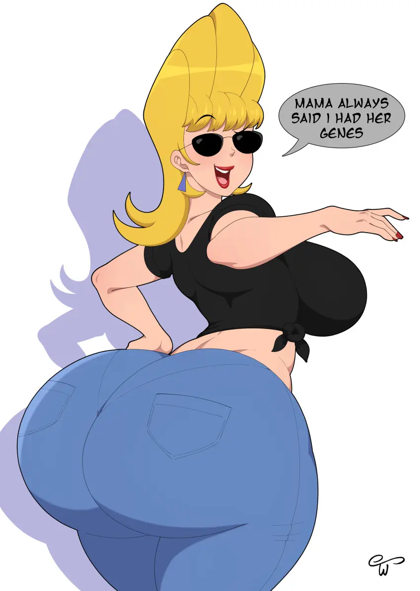 Image female,looking_at_viewer,ass,big_ass,huge_ass,blonde_hair,curvy_figure,back_view,blonde_female,sunglasses,rule_63,tinted_eyewear,pawg,cartoon_network,gender_transformation,black_shirt,genderswap_(mtf),genderswap,truewaifu,jenny_bravo,johnny_bravo_(series),back_boob