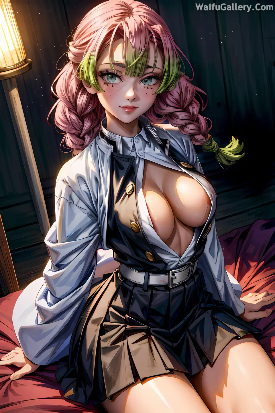 Image big_breasts,breasts,female,gradient_hair,ai_generated,green_eyes,demon,demon_slayer,kanroji_mitsuri,kimetsu_no_yaiba,demon_slayer_uniform