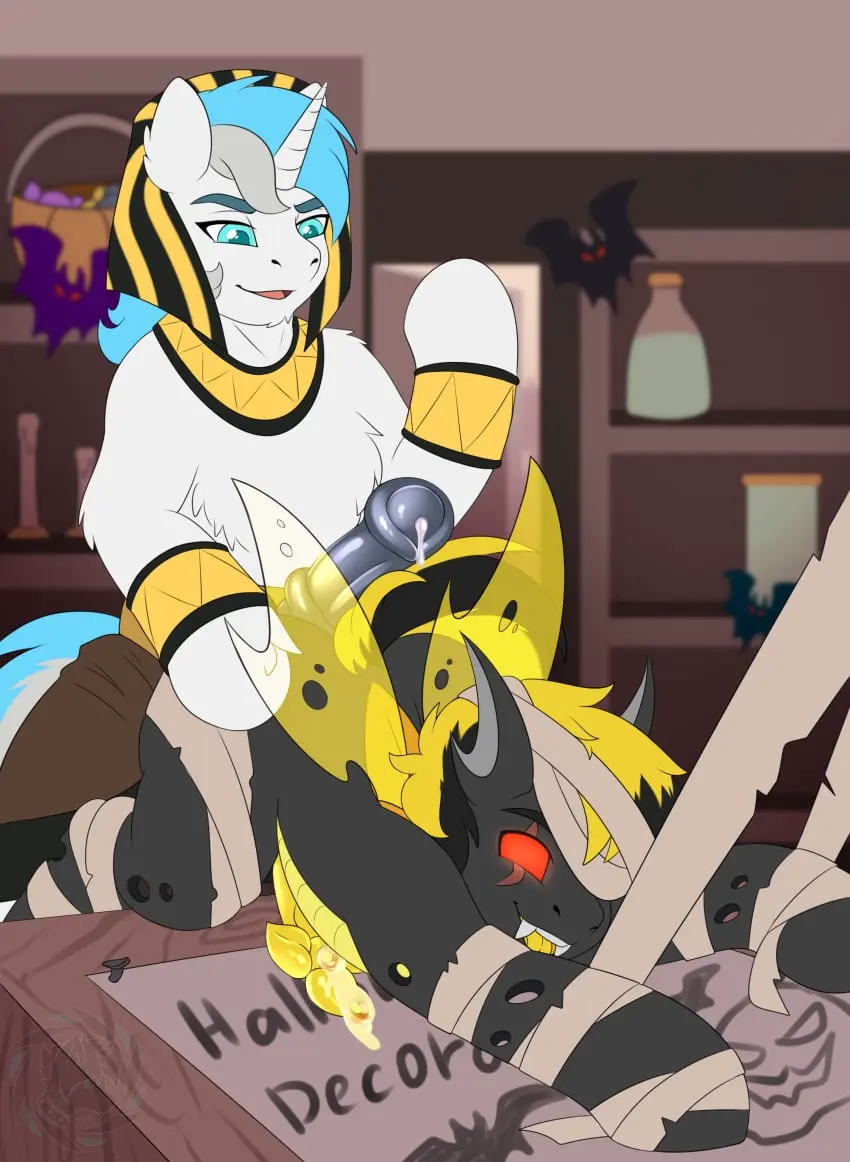 Image clothing,hi_res,male,penis,sex,duo,erection,male/male,digital_media_(artwork),wings,mythology,absurd_res,genitals,mammal,horn,scar,friendship_is_magic,hasbro,my_little_pony,mythological_creature,feral,fan_character,equid,equine,horse,pony,unicorn,costume,mythological_equine,fkk,helloween
