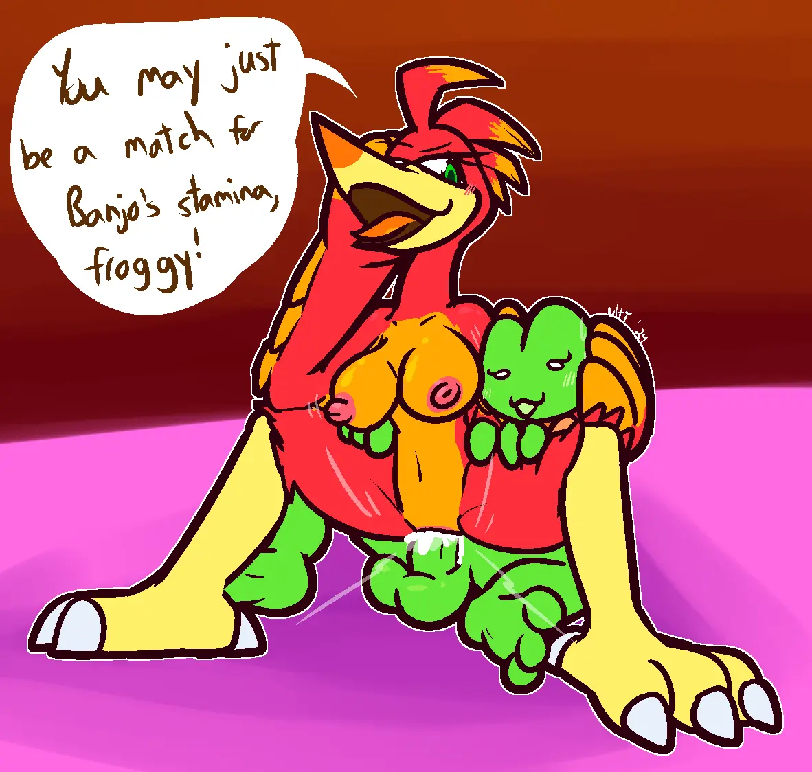 Image big_breasts,blush,breasts,female,nipples,open_mouth,smile,cum,male,penis,sex,thick_thighs,duo,erection,feet,pink_nipples,balls,male/female,feathers,anthro,cum_in_pussy,cum_inside,text,green_eyes,green_skin,vaginal_penetration,looking_down,leg_grab,penetration,genital_fluids,orgasm,bodily_fluids,genitals,dialogue,claws,toe_claws,dominant,submissive_male,english_text,interspecies,female_penetrated,male_penetrating,submissive,orange_body,2024,green_body,avian,beak,smirk,speech_bubble,dominant_female,male_penetrating_female,toes,red_body,thigh_grab,anthro_penetrated,anthro_on_anthro,green_penis,head_grab,cum_from_pussy,4_toes,dominant_anthro,submissive_anthro,cum_on_penis,pupils,anthro_penetrating,anthro_penetrating_anthro,white_claws,trans_woman,transfem,talons,amphibian,frog,banjo-kazooie,red_feathers,yellow_beak,ultilix,green_balls,green_pupils,orange_feathers,orange_beak,kazooie,rareware,breegull,feather_hands,frogdor