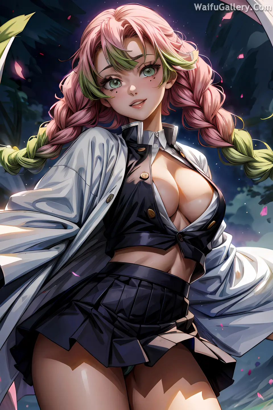 Image big_breasts,breasts,female,gradient_hair,ai_generated,green_eyes,demon,demon_slayer,kanroji_mitsuri,kimetsu_no_yaiba,demon_slayer_uniform