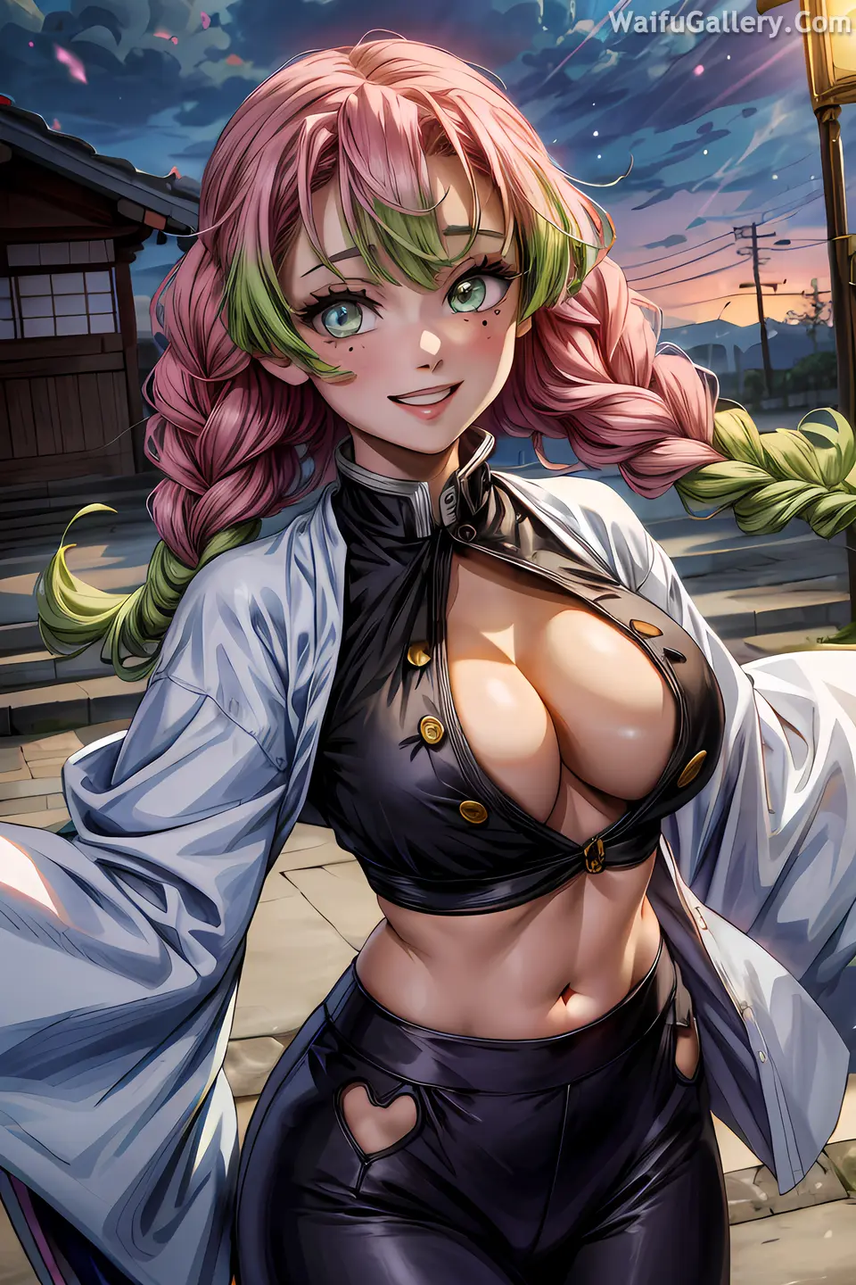 Image big_breasts,breasts,female,gradient_hair,ai_generated,green_eyes,demon,demon_slayer,kanroji_mitsuri,kimetsu_no_yaiba,demon_slayer_uniform