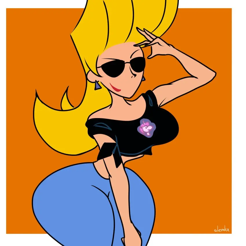 Image big_ass, color, blonde_hair, curvy_figure, sunglasses, rule_63, tinted_eyewear, cartoon_network, gender_transformation, black_shirt, genderswap_(mtf), genderswap, jenny_bravo, johnny_bravo_(series), slemka