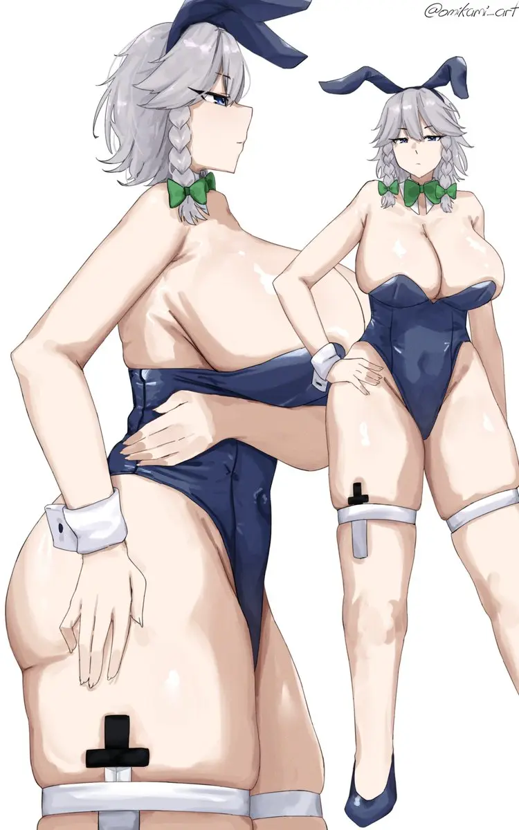 Image 1girls,big_breasts,breasts,female,grey_hair,light-skinned_female,solo,touhou,white_background,blue_eyes,thick_thighs,thighs,watermark,artist_name,cleavage,side_view,sideboob,solo_female,huge_breasts,bunny_ears,heels,bunnysuit,silver_hair,sakuya_izayoi,fat_thighs,braids,knife,omikami