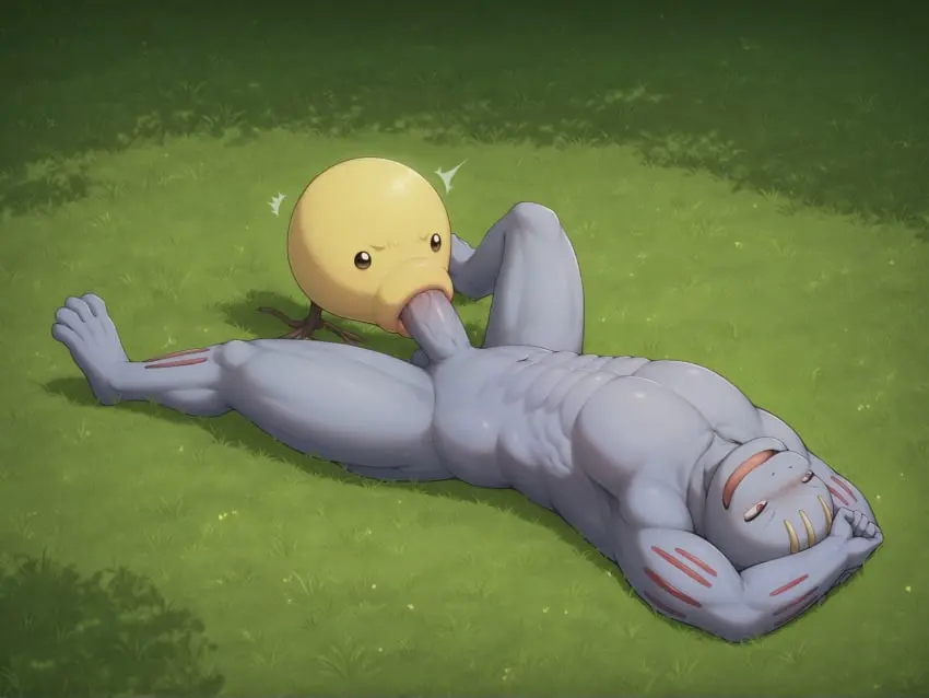 Image blush,male,oral,pokemon,pokemon_(species),on_back,fellatio,muscular,muscular_male,ai_generated,male_only,blowjob,outdoors,enjoying,defeated,angry,pokémon_(species),machoke,grass,defeat,living_onahole,johnnyb,bellsprout