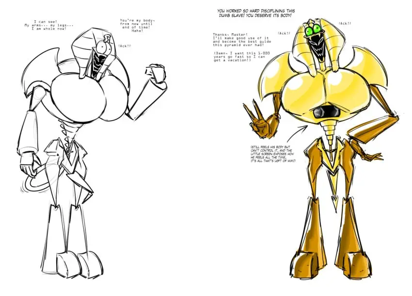 Image clothing,hi_res,1boy,male,tail,male_only,sex_toy,egyptian,transformation,bone,skeleton,machine,robot,buttplug,plug_(sex_toy),robot_boy,suit,after_transformation,chastity_(disambiguation),robotization,dragmon