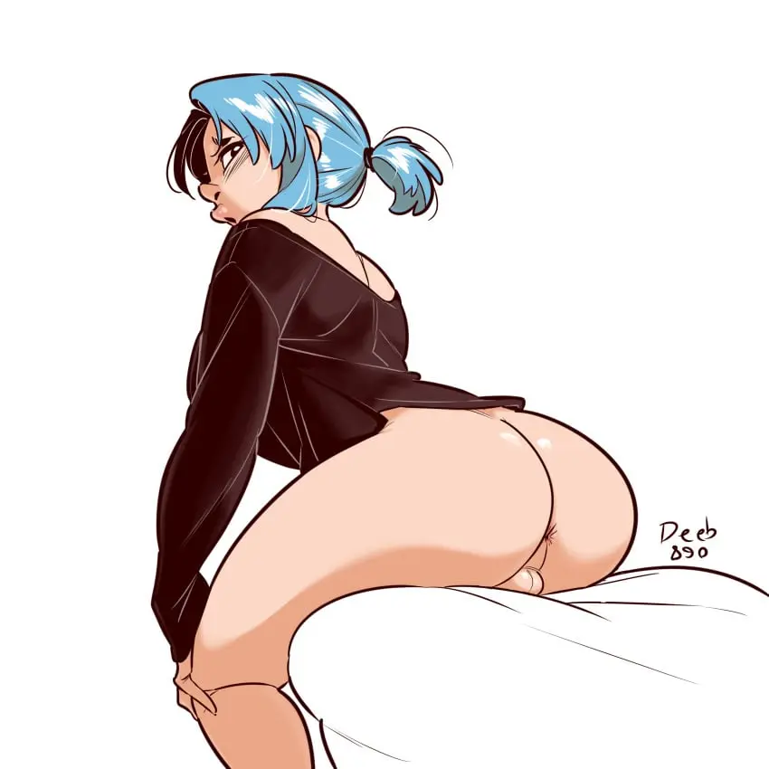 Image clothed,clothing,human,light_skin,shirt,solo,blue_hair,ass,big_ass,looking_back,futanari,intersex,light-skinned_futa,balls,anus,sitting,futa_only,back,dickgirl,futa_sans_pussy,bottomless,partially_clothed,2024,back_view,black_shirt,backsack,1dickgirl,deeb890,augie_(deeb890)