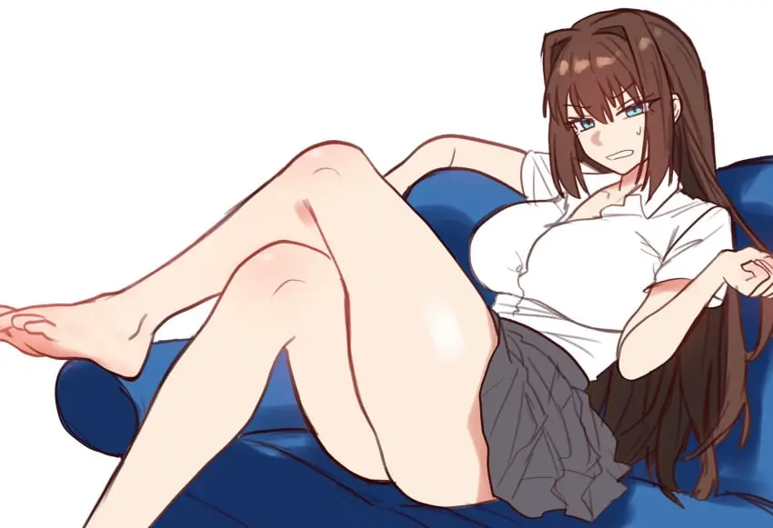 Image 1girls,breasts,female,light-skinned_female,light_skin,long_hair,solo,blue_eyes,ass,thick_thighs,barefoot,feet,cleavage,huge_breasts,legs,schoolgirl,sitting,school_uniform,brown_hair,skirt,soles,long_legs,crossed_legs,type-moon,mahou_tsukai_no_yoru,ebora,youngmanisdown,aozaki_aoko