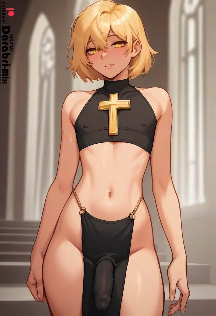 Image 1boy,male,navel,penis,ai_generated,femboy,trap,bare_shoulders,lips,medium_hair,smug,cute,tight_clothing,thin_waist,feminine_male,girly,yellow_hair,crop_top,otoko_no_ko,cross,pelvic_curtain,priest,darabri-mix