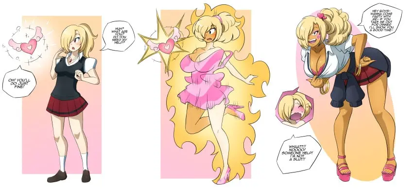Image blush,breasts,female,female_only,large_breasts,open_clothes,open_mouth,smile,solo,standing,absurdres,bra,underwear,embarrassed,tan_skin,cleavage,jewelry,midriff,text,blonde_hair,nail_polish,character_request,original,school_uniform,comic,bent_over,skirt,high_heels,bracelet,heart,makeup,leaning_forward,femsub,possession,transformation,sandals,ass_expansion,breast_expansion,bare_legs,bimbofication,kobi-tfs,hair_covering_one_eye,aware,kobi94