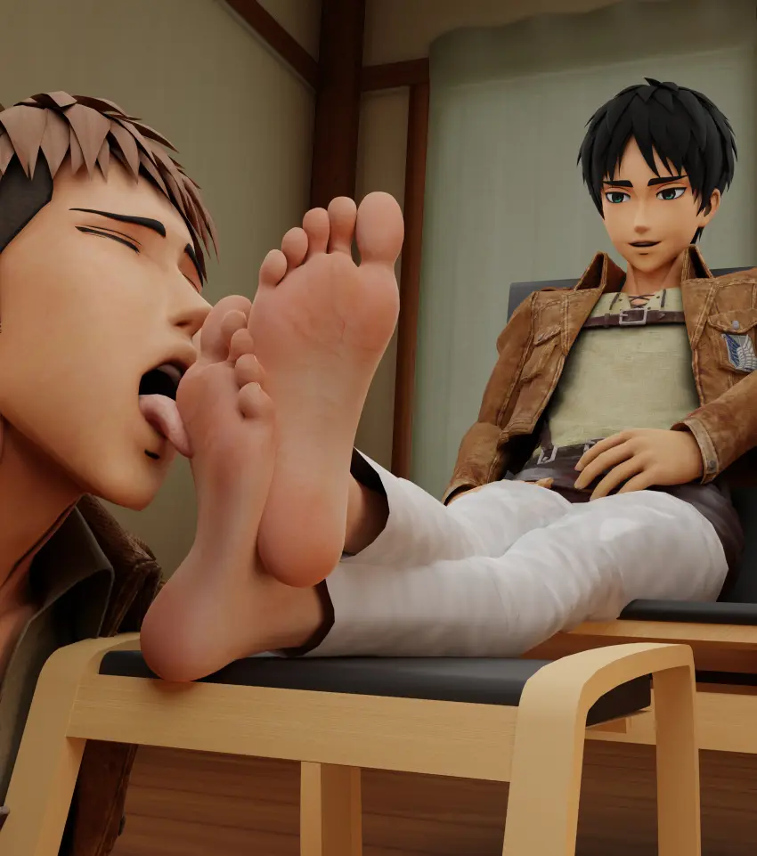 Image male,male_only,foot_fetish,gay,3d,soles,foot_focus,male_feet,crossed_legs,foot_lick,attack_on_titan,eren_jaeger,mrgtsfloop,foot_worship,jean_kirstein