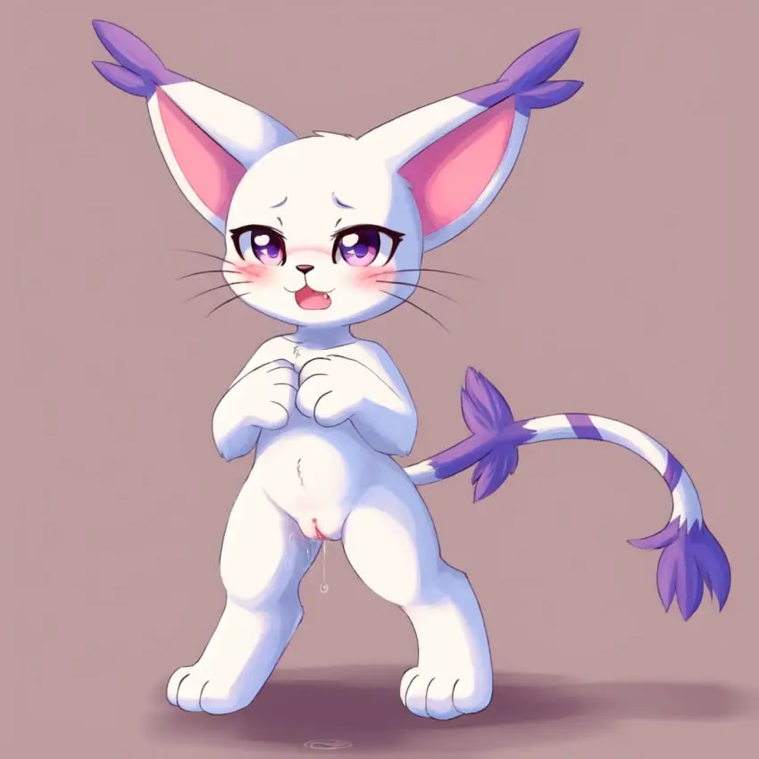 Image 1girls,blush,female,female_only,open_mouth,solo,pussy,furry,tongue,ai_generated,anthro,pussy_juice,digimon,digimon_(species),gatomon,kittynai