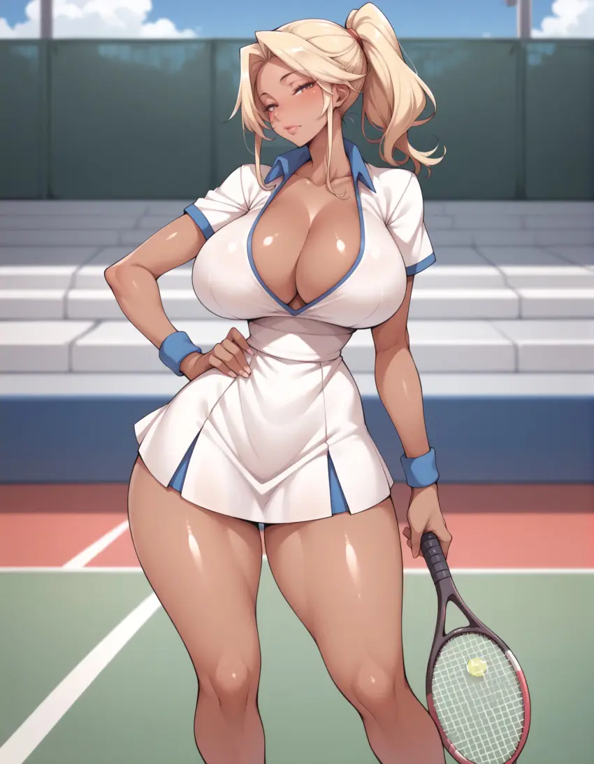 Image 1girls,breasts,female,looking_at_viewer,thick_thighs,thighs,athletic,ai_generated,huge_breasts,breasts_bigger_than_head,blonde_hair,slim_waist,athletic_female,full_body,fully_clothed,lewdwaifulaifu,tennis_uniform,tennis_racket,tennis_court