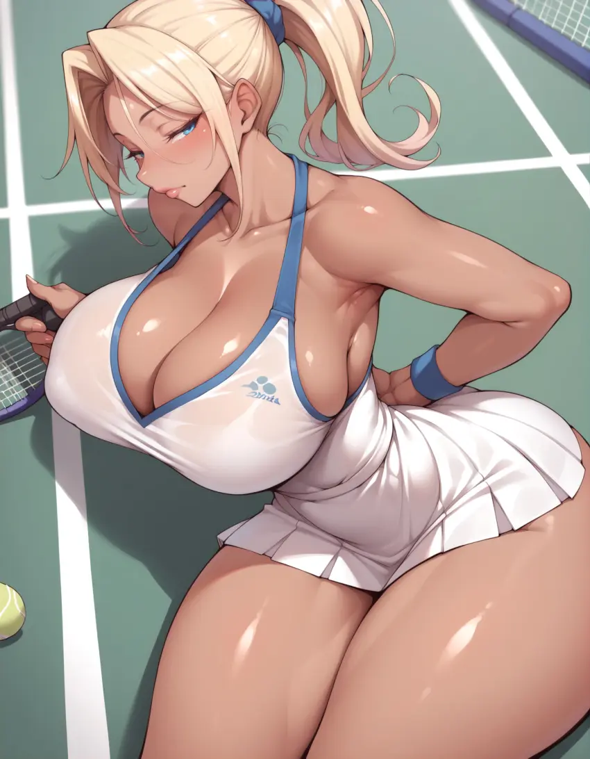 Image 1girls,breasts,female,looking_at_viewer,thick_thighs,thighs,athletic,ai_generated,breasts_bigger_than_head,massive_breasts,blonde_hair,slim_waist,athletic_female,lewdwaifulaifu,tennis_uniform,tennis_racket,tennis_court