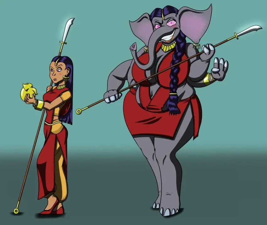 Image smile,absurdres,black_hair,choker,furry,earrings,jewelry,pink_eyes,original,bracelet,weapon,transformation,gold,evil_smile,spiral_eyes,species_transformation,human_to_anthro,symbol_in_eyes,happy_trance,toonvasion,hypnotic_accessory,toonification,animal_transformation,elephant_girl