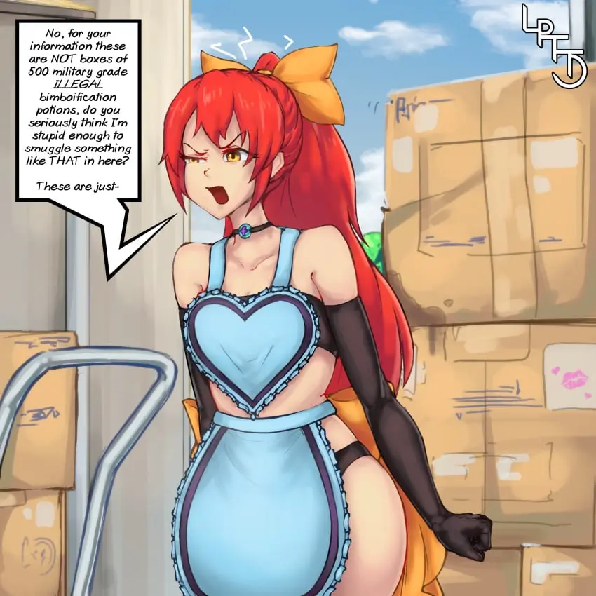 Image 1girls,bow,female,female_only,hair_ornament,long_hair,open_mouth,standing,absurdres,gloves,yellow_eyes,choker,red_hair,bra,panties,underwear,ponytail,bare_shoulders,collarbone,midriff,text,original,outdoors,comic,maid,dialogue,apron,angry,speech_bubble,signature,flat_chest,before_and_after,bimbofication,large_hips,opera_gloves,pre-transformation,alice_pirum,lapotato,lapotato8