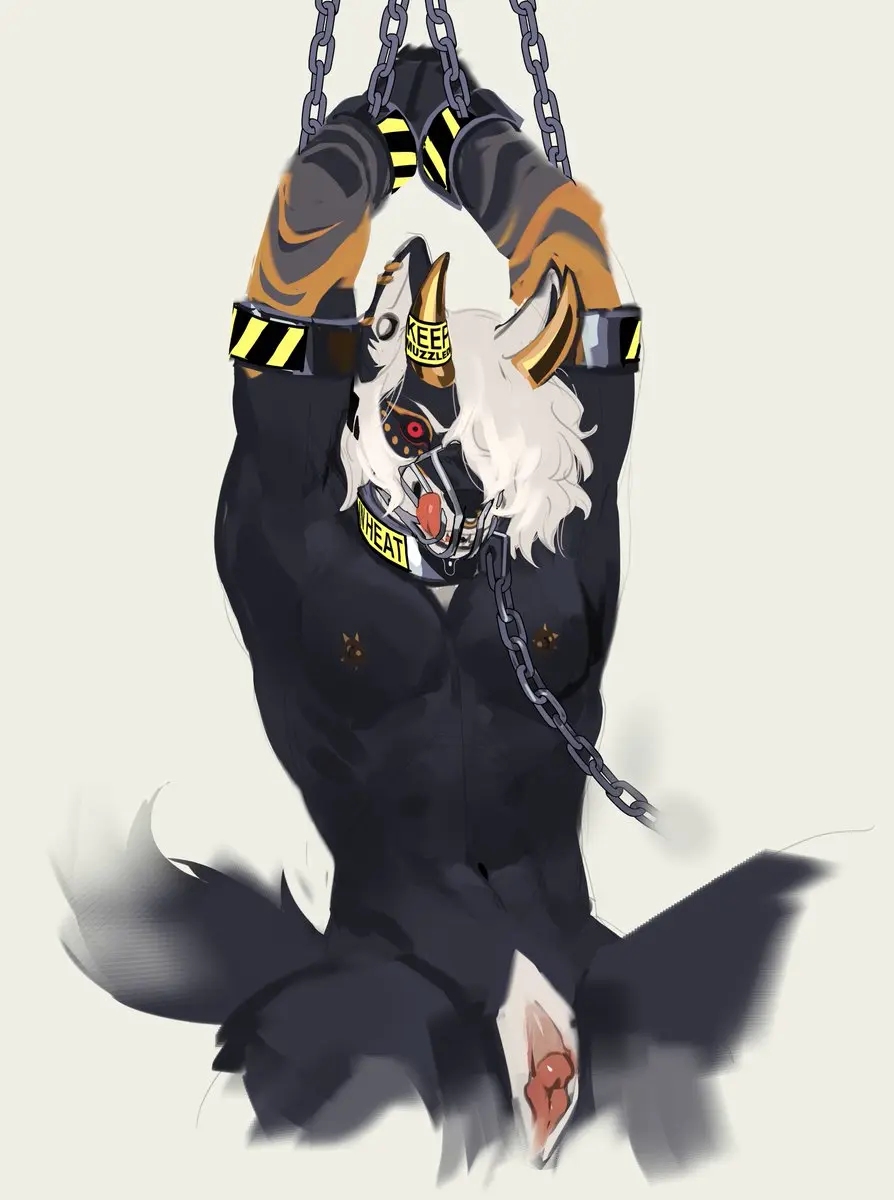 Image hi_res,red_eyes,simple_background,solo,pussy,tail,intersex,athletic,arms_above_head,anthro,text,mythology,demon,collar,canid,canine,canis,domestic_dog,fur,genitals,mammal,black_body,horn,cuntboy,leash,mythological_canine,mythological_creature,canid_demon,hellhound,chains,chain_leash,chained,bound,gag,restraints,black_fur,cuff_(restraint),muzzle_(object),muzzled,muzzle_gag,bassenji,bassenji_(character)