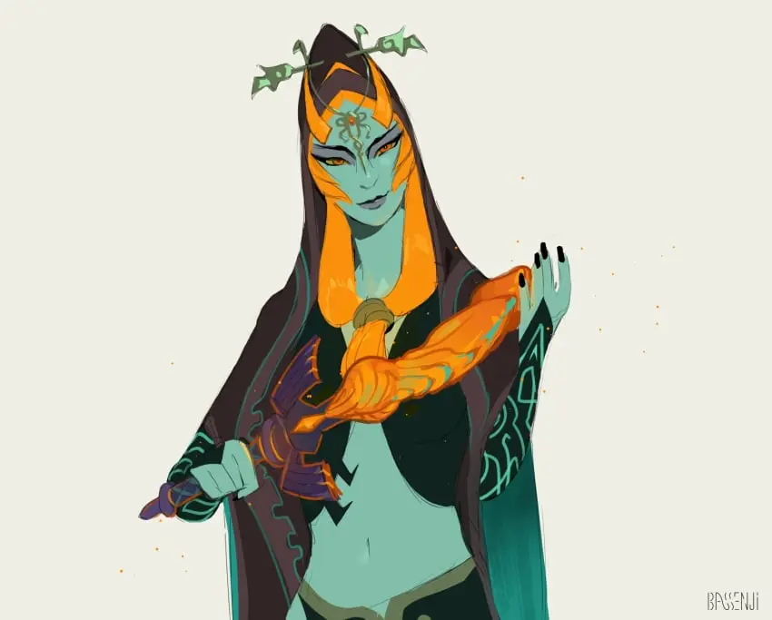 Image clothed,clothing,female,hi_res,long_hair,simple_background,solo,standing,navel,orange_eyes,watermark,jewelry,orange_hair,hair,green_skin,nintendo,sex_toy,horn,dildo,skimpy,green_body,weapon,the_legend_of_zelda,colored_nails,nails,black_nails,animal_dildo,animal_sex_toy,sword,melee_weapon,midna,twili_midna,twilight_princess,cloak,canine_dildo,bassenji,master_sword,dildo_weapon,orange_dildo