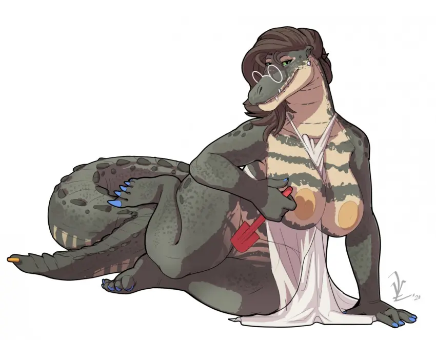 Image big_breasts,breasts,clothing,female,solo,tail,eyewear,glasses,hair,piercing,censored,mature_female,apron,reptile,scalie,between_breasts,older_female,censored_genitalia,age_difference,crocodile,crocodilian,crocodylid,censored_pussy,furgonomics,furry-specific_piercing,tail_piercing,lounging,tools,scutes,alligatorid,alligator,spatula,scuted_tail,naturally_censored,lavasi