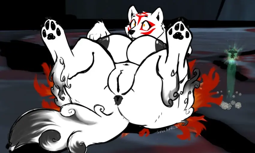 Image big_breasts,breasts,female,hi_res,nipples,navel,pussy,tail,lying,on_back,ass,big_butt,thick_thighs,orange_eyes,areola,eyebrows,eyelashes,anthro,anus,legs_up,canid,canine,canis,fur,genitals,mammal,wolf,claws,paws,black_nose,surprised_expression,big_areola,white_body,markings,white_fur,fire,plump_labia,pawpads,capcom,black_markings,raised_eyebrow,black_areola,black_anus,black_pawpads,red_markings,bent_legs,alrecsolus,amaterasu,clover_studio,looking_offscreen,okami,okami_(capcom)