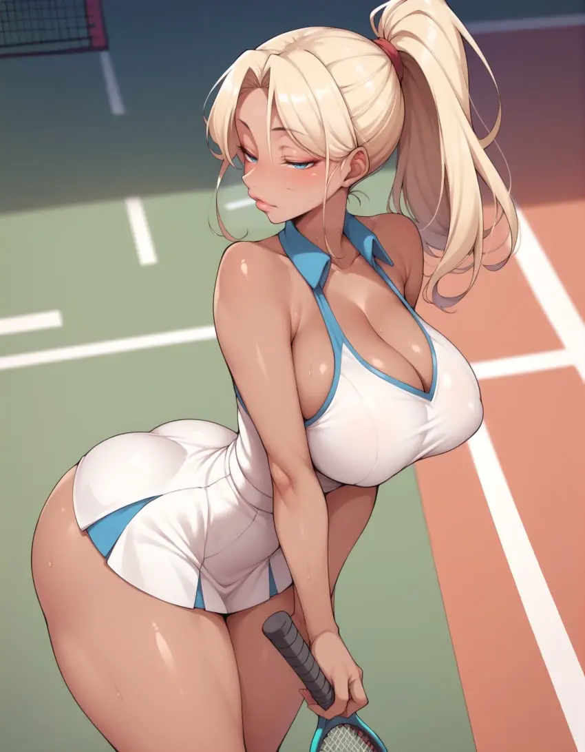 Image 1girls,breasts,clothing,female,large_breasts,looking_at_viewer,thick_thighs,thighs,athletic,ai_generated,solo_female,blonde_hair,slim_waist,athletic_female,microskirt,lewdwaifulaifu,dressed,softcore,tennis_uniform,tennis_racket,tennis_court